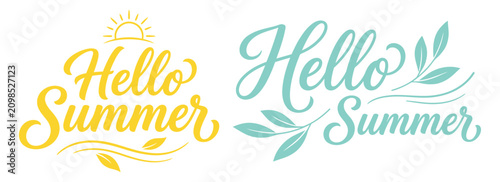 Hello summer typography vibrant hand lettered greeting with sun and leaf designs