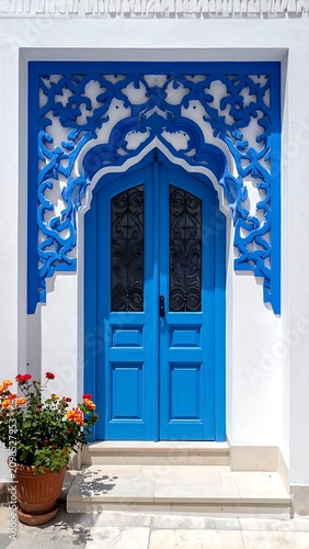 Vibrant blue arched doorway with intricate white trim and flowers