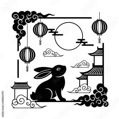 Mid Autumn Black Rabbit Lantern Pagoda Scene