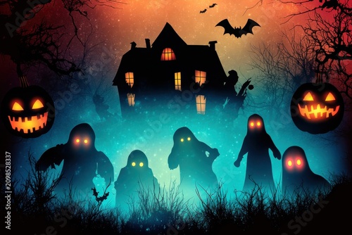 Spooky halloween background with haunted castle house silhouette and glowing pumpkin ghost