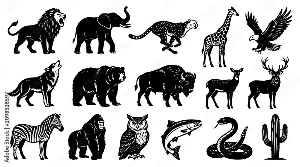 Fototapeta premium Wildlife Animals Vector Icons Set. Black White Nature Glyphs and Line Art Collection
