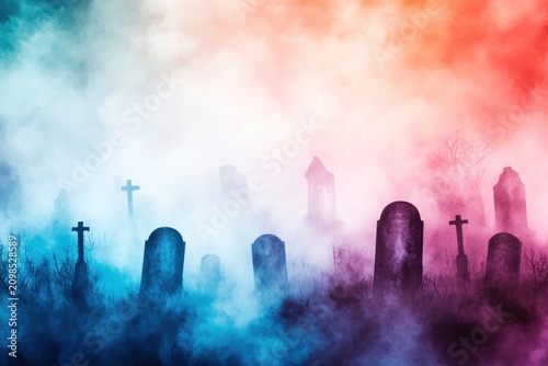 Spooky halloween graveyard background with black crows and bats flying in colorful mist sky