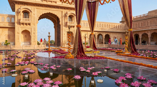 Indian Wedding Mandap Setup with Lotus Pond and Traditional Decorations