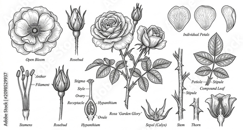 Tableau sur toile Botanical rose parts hand drawn vector illustration collection