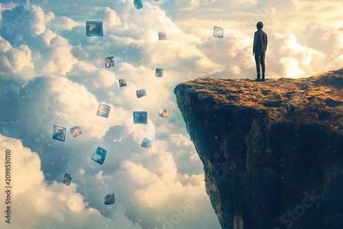 Dreamer gazes into the horizon from cliff, contemplating memories in a surreal landscape