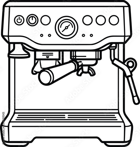Minimalist black and white line art illustration of an espresso coffee machine