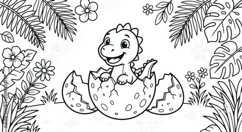 An adorable baby dinosaur hatching from a cracked egg