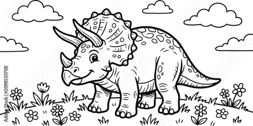 Triceratops standing on grass with a few flowers and small clouds in the sky