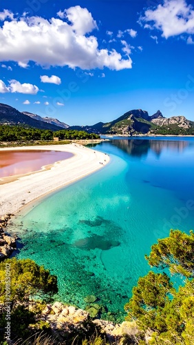 Vibrant coastal landscape with clear turquoise water and mountain backdrop