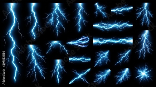 A premium collection of realistic blue lightning bolt effects isolated on a transparent or pure black background. The pack features multiple unique lightning strikes in different shapes and sizes, inc