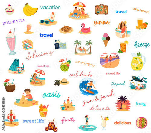 Vector set of summer vacation and relaxation icons with cocktail, beach umbrella, sun lounger, palm tree and suitcase concept of leisure travel