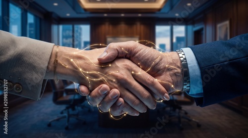 Professional business handshake between two colleagues with glowing digital network lines integrated for tech innovation