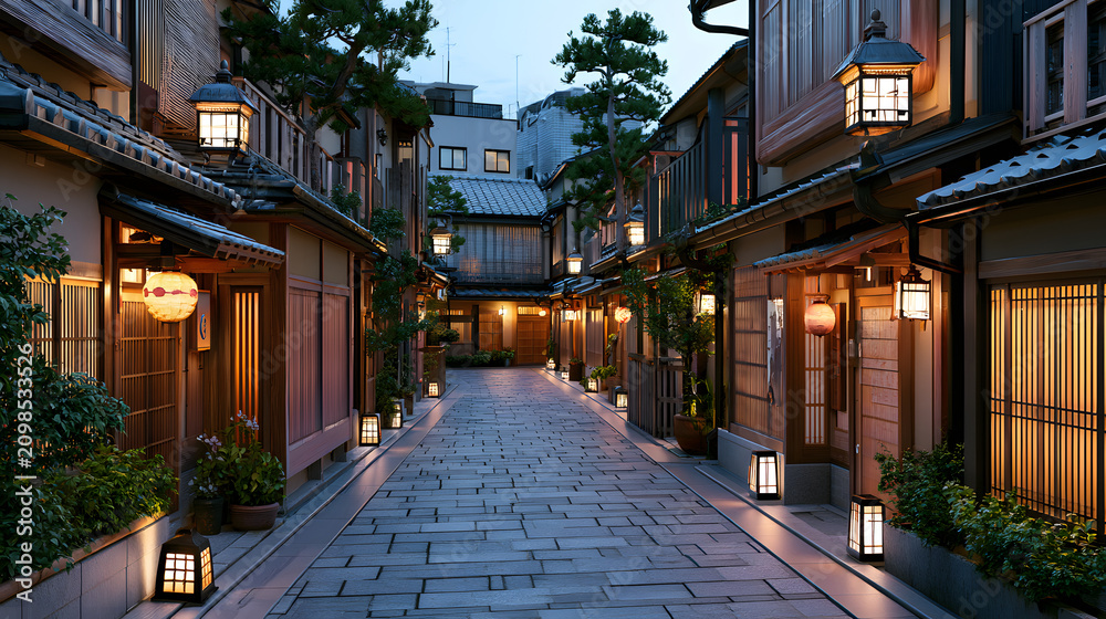 Fototapeta premium Serene Traditional Street in Historic District at Twilight