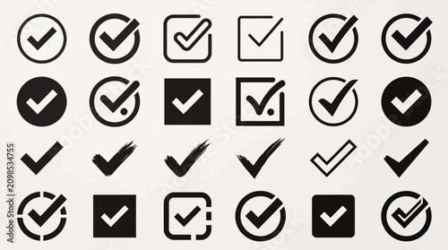 Fotografie Twenty-Four Check Mark Icons — Solid, Outlined, and Variations Inside Circles, S