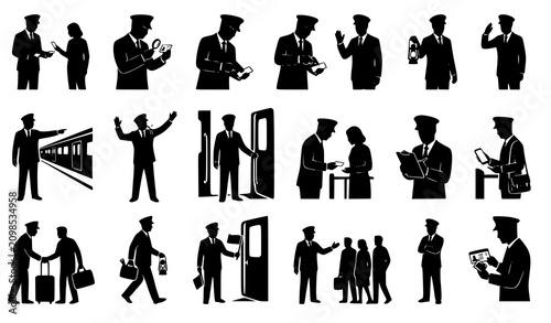 Train Conductor Silhouette Vector Set with Ticket Inspection and Railway Service Poses