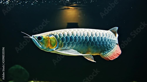 Majestic silver arowana fish swimming in a dark home aquarium tank