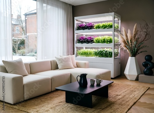 Biophilic interior design of modern living room, vertical indoor farm and white corner sofa