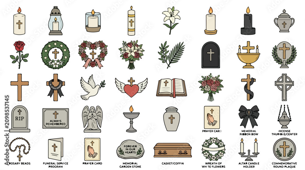 Obraz premium Funeral and memorial service icons set, 40 religious cemetery and burial symbols, christian mourning and bereavement vector illustrations