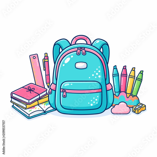Colorful school backpack, books, and stationery, educational supplies, vector illustration, pink, blue, yellow, green back to school editable eps