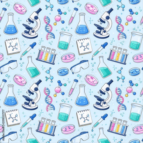 Seamless Laboratory Pattern with Microscope DNA Molecules Beaker Test Tubes and Scientific Equipment Vector Illustration