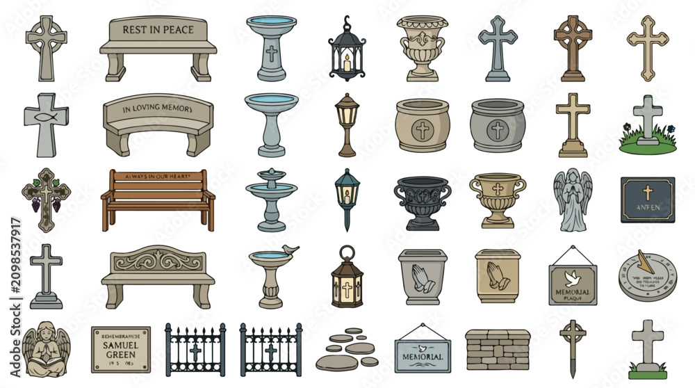 Obraz premium Cemetery memorial icons set, 40 funeral and graveyard elements, stone headstones and memorial benches, religious crosses and burial monuments