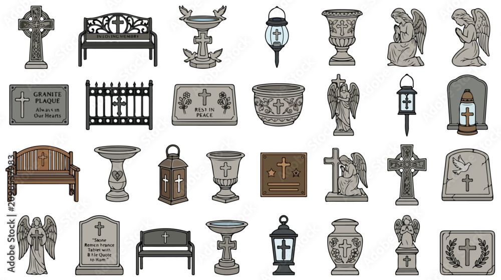 Obraz premium Cemetery memorial icons set, granite headstones and grave markers with angel statues, funeral monuments and burial accessories vector collection