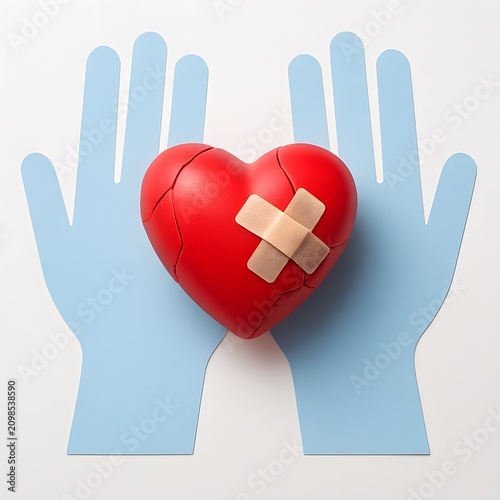 Broken heart and mental treatment. Applying adhesive plaster to wound heart.