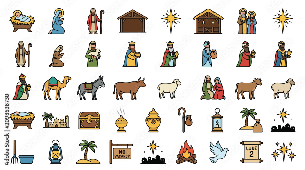 Obraz premium Christmas Nativity scene icons set, religious Bethlehem birth of Jesus vector elements, holy night Christian story illustrations for church holiday design