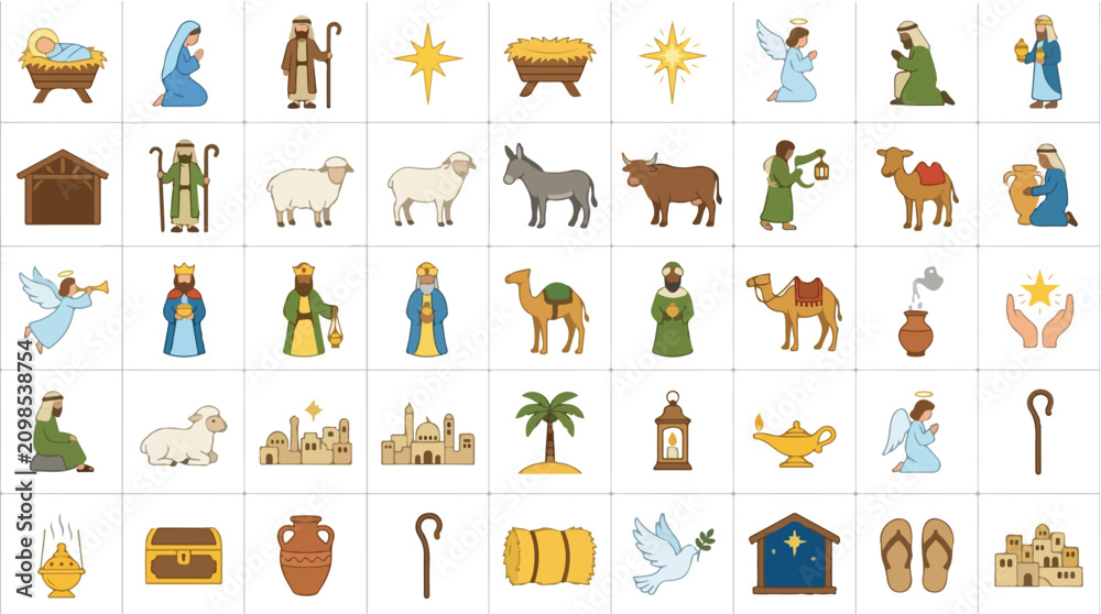 Obraz premium Nativity scene icons set, religious Christmas story vector elements, 45 biblical character illustrations including baby Jesus and three wise men
