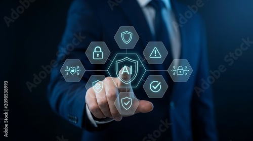 Ai powered cybersecurity a business professional interacting with a network of security icons