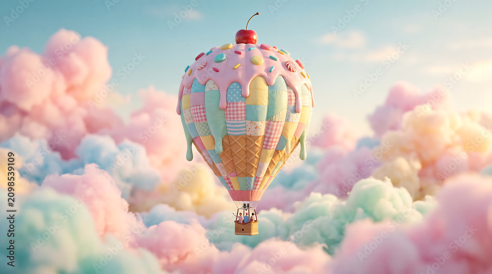 Obraz premium Whimsical Hot Air Balloon Inspired by Sweet Pastel Confectionery Floating Above Soft Dreamy Cotton Candy Clouds at Sunset