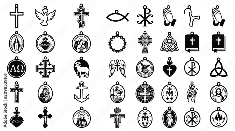 Obraz premium Christian religious symbols and catholic jewelry charms vector set, black line icons of crosses and saints, 35 spiritual faith elements for jewelry design