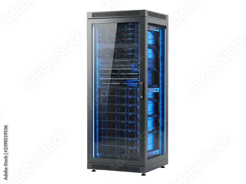 Modern server rack cabinet with blue lighting isolated on transparent background