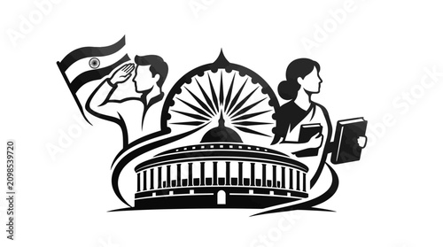 Indian Democracy Concept: Parliament, Flag, Citizens