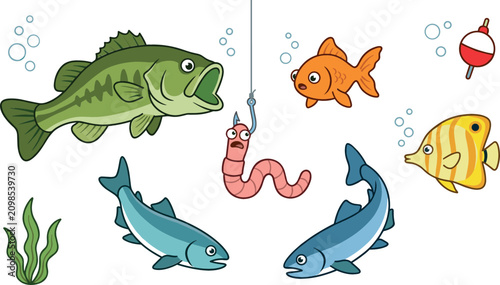 Canvastavla Underwater Sport Fishing Bait Clipart Collection Vector Featuring Flat Cartoon L