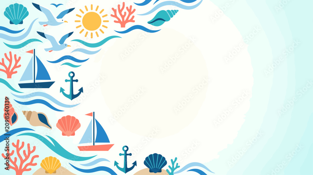 Fototapeta premium A vibrant summer beach-themed background with sailboats, anchors, seashells, coral, seagulls, and sun, creating a decorative border.