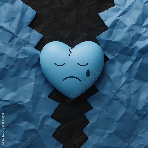 Broken heart. Failure and sense of loss. Blue cracked heart on torn paper.