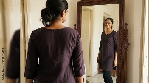 Smiling Indian Young Woman Checking Dress Outfit in Front of Vintage Wooden Full Length Standing Mirror at Home