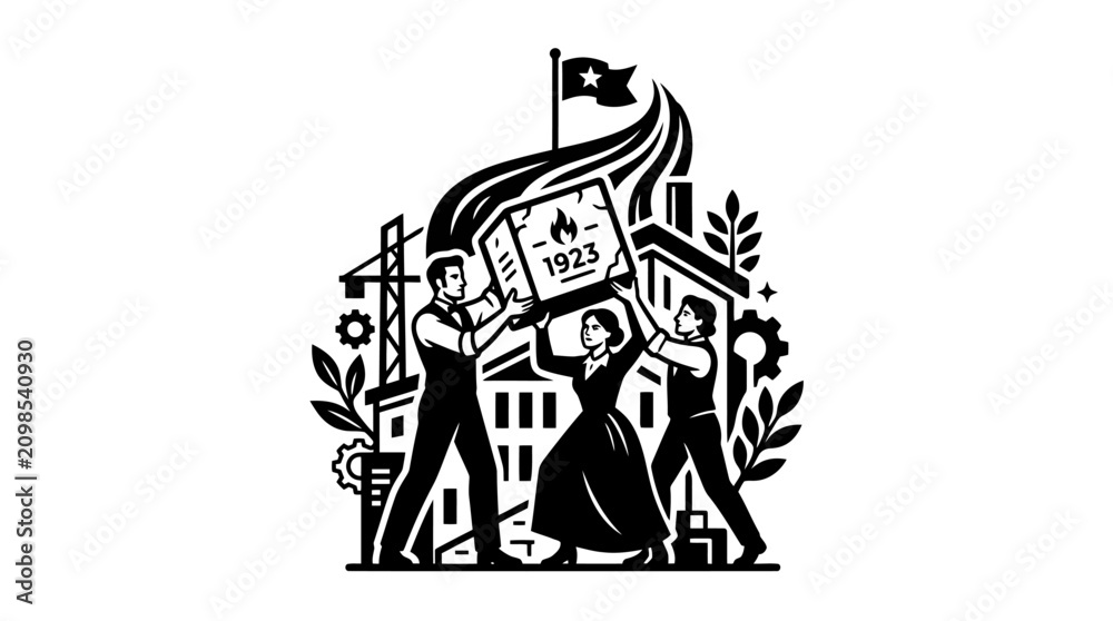 Obraz premium People carrying a box with 1923 and flame icon