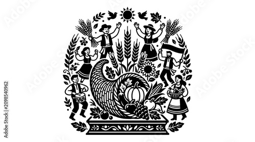 Canvastavla Harvest Festival Celebration with Cornucopia and Dancing People