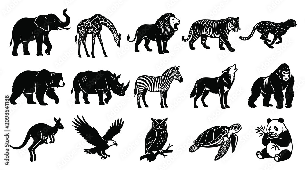 Obraz premium Diverse Wildlife Animal Black and White Silhouette Vector Icon Set - Nature Zoo Glyphs Collection