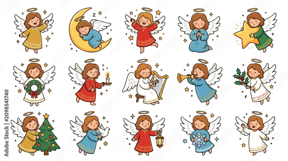 Obraz premium Cute Christmas angels collection, 15 hand drawn cartoon angel characters with wings and halos, festive holiday vector set for greeting cards