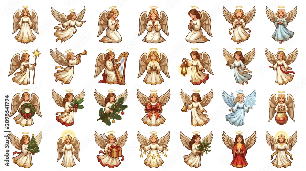 Obraz premium Vintage Christmas angel vector collection, set of 28 celestial cherub characters with wings and halos, traditional holiday religious illustrations