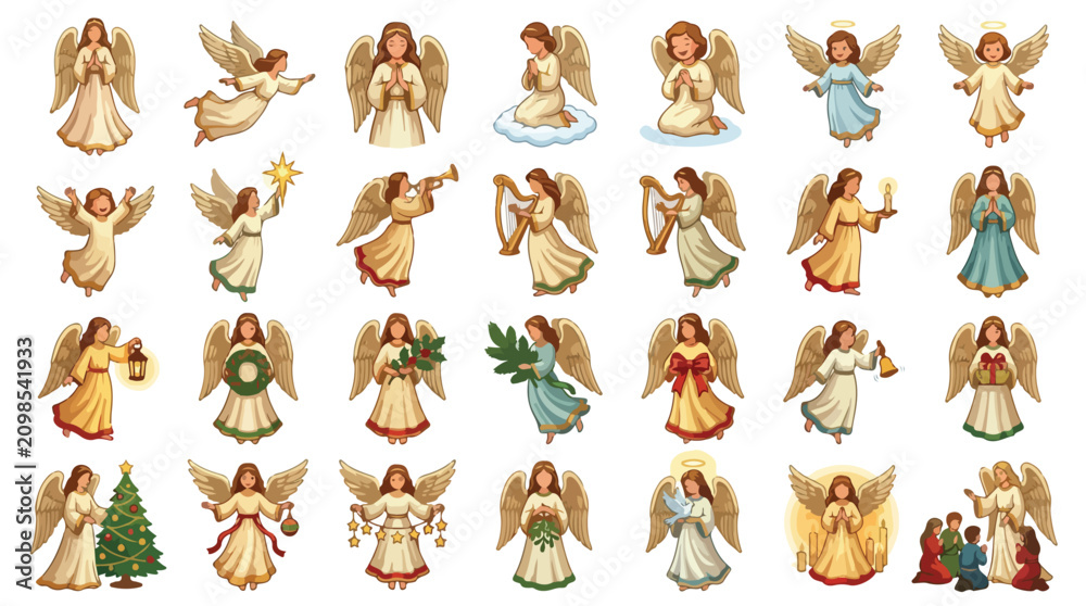 Obraz premium Vintage Christmas angel vector set, 28 religious cherub illustrations with wings, traditional holiday celestial characters for greeting cards