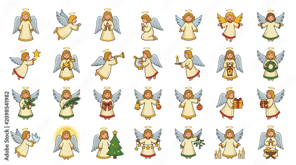 Obraz premium Christmas angel vector set, collection of 28 cute cartoon angels with wings and halos, festive holiday characters for religious greeting cards