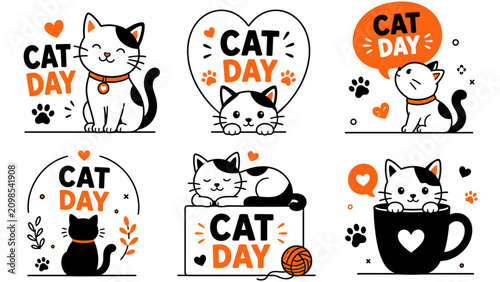 Cat day lettering vector bundle featuring cute peeking cat sitting cat and cat in box with paw print and heart ideal for sticker and social media template