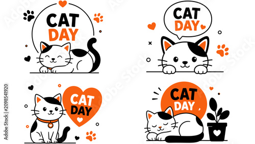 Cat day cute cartoon icon set vector illustration with black orange kitten paw print and heart for banner poster and sticker design