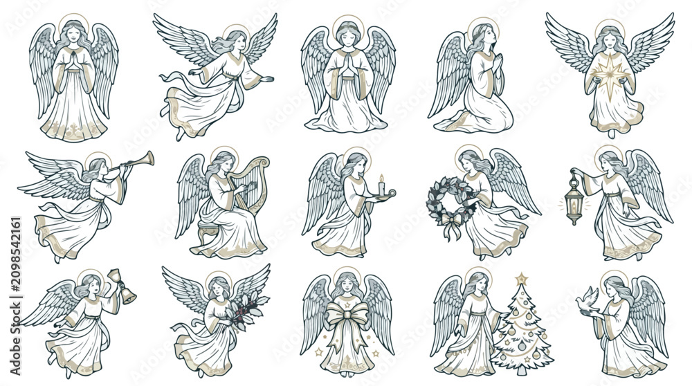 Obraz premium Vintage Christmas angel vector set, 15 hand drawn celestial cherub illustrations with wings, classical religious holiday angels for greeting cards