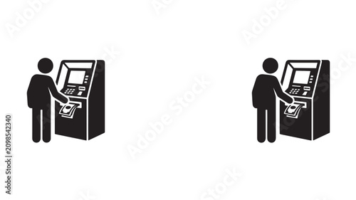 Принти на полотні Black silhouette icons of people using automated teller machines to withdraw cas