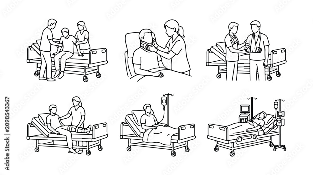 Obraz premium Minimalist hospital patient care line art, medical nursing staff assisting patients in hospital beds, 6 vector illustrations of clinical healthcare